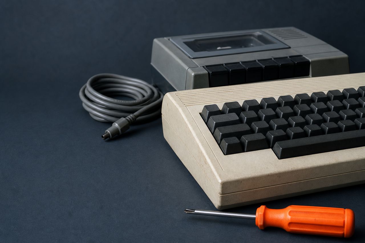 A tidy corner of a working desk from a low angle: the edge of an unbranded beige home-computer keyboard, a cassette recorder with unmarked buttons behind it, a coiled grey cable and an orange screwdriver handle at the front edge.
