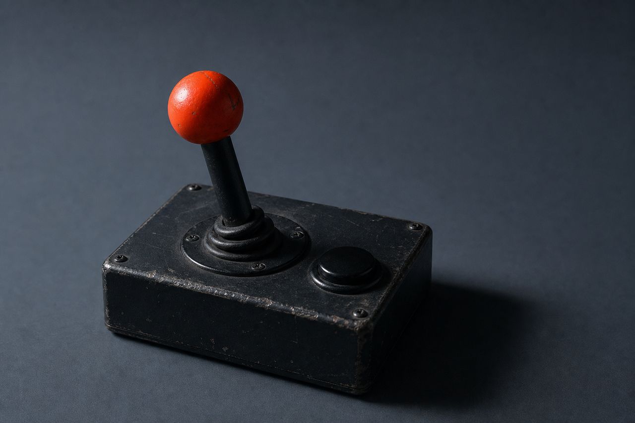 A worn black arcade-style joystick with a bright orange ball top in a plain unbranded metal base, standing alone on a cold slate surface beside one large round black button.