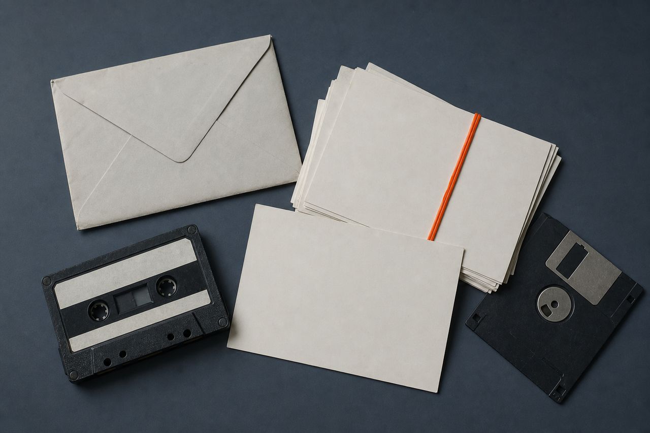 A small stack of blank unprinted postcards and one plain sealed envelope on a cold slate surface, loosely arranged with an orange elastic band around part of the stack.