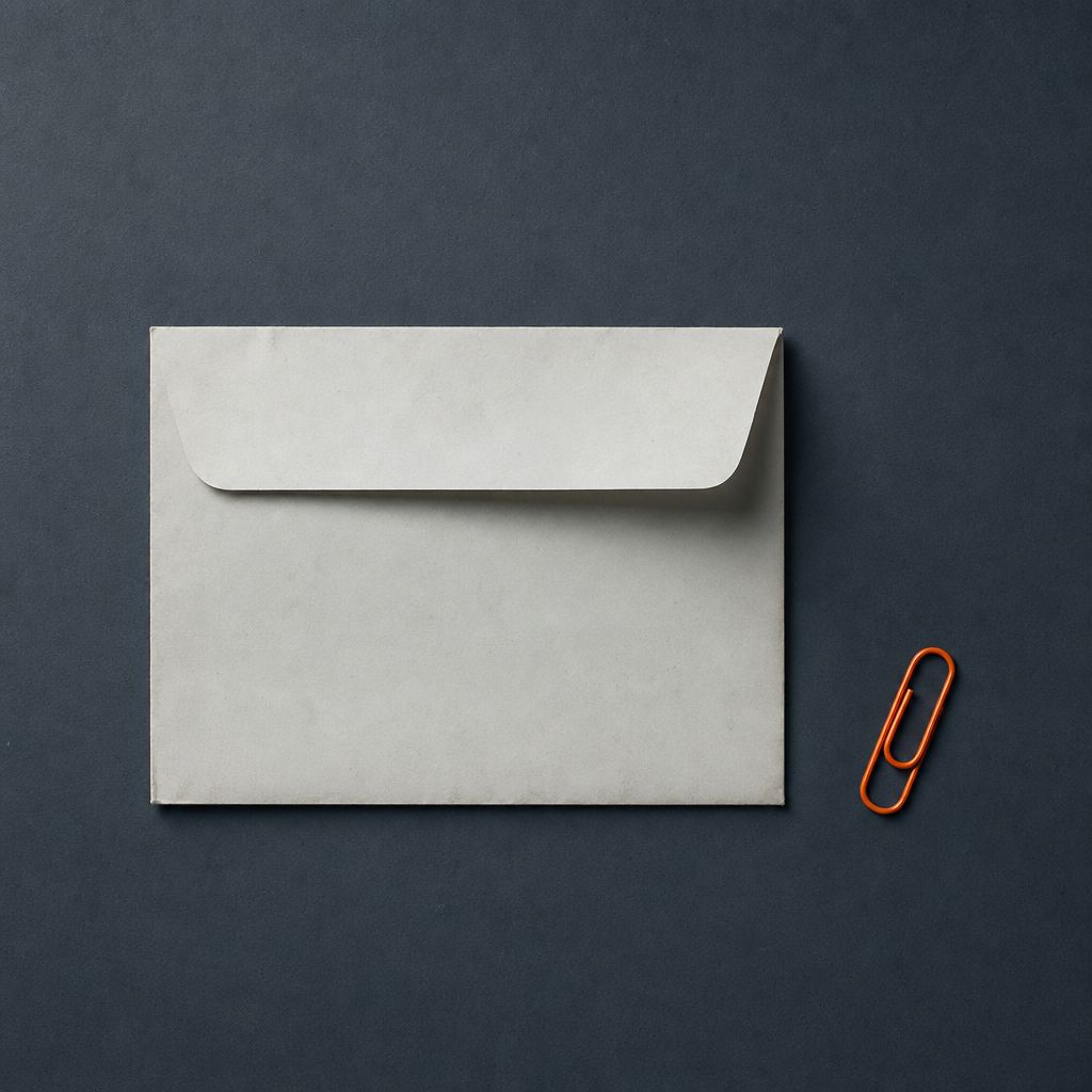 A single blank unaddressed envelope lying square to the frame on a cold slate surface with one corner lifted and an orange paperclip beside it.