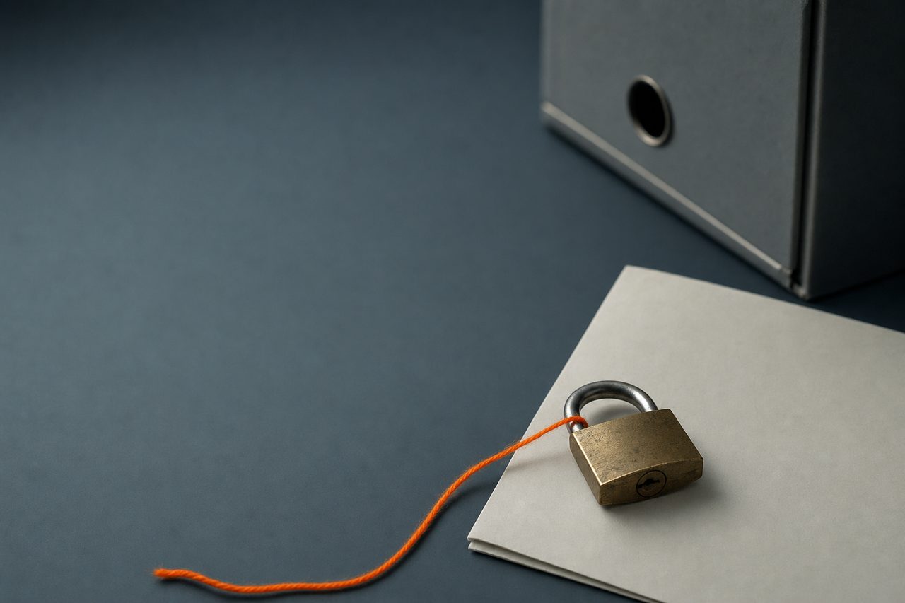A small closed brass padlock lying on a cold slate surface on the corner of a blank folded sheet of paper, with a length of orange thread trailing away and the edge of a plain grey box file out of focus behind.