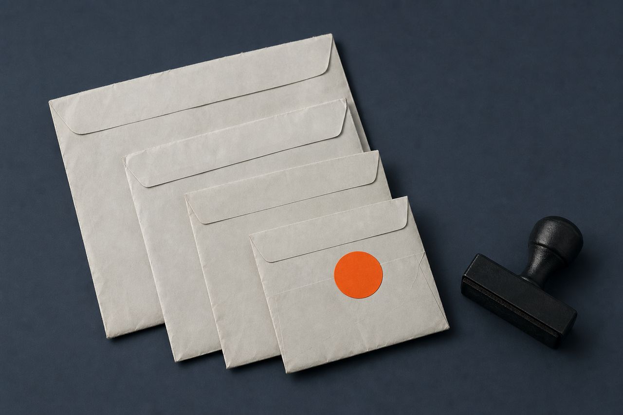 Five blank unlabelled paper envelopes of different sizes fanned out overlapping on a cold slate surface, one bearing an orange adhesive seal, beside a plain unmarked rubber stamp.