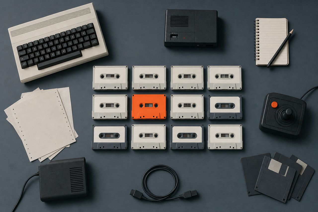 Twelve audio cassettes arranged in a four by three grid seen from overhead, all labels blank, one of them orange among cool grey and off-white cases.