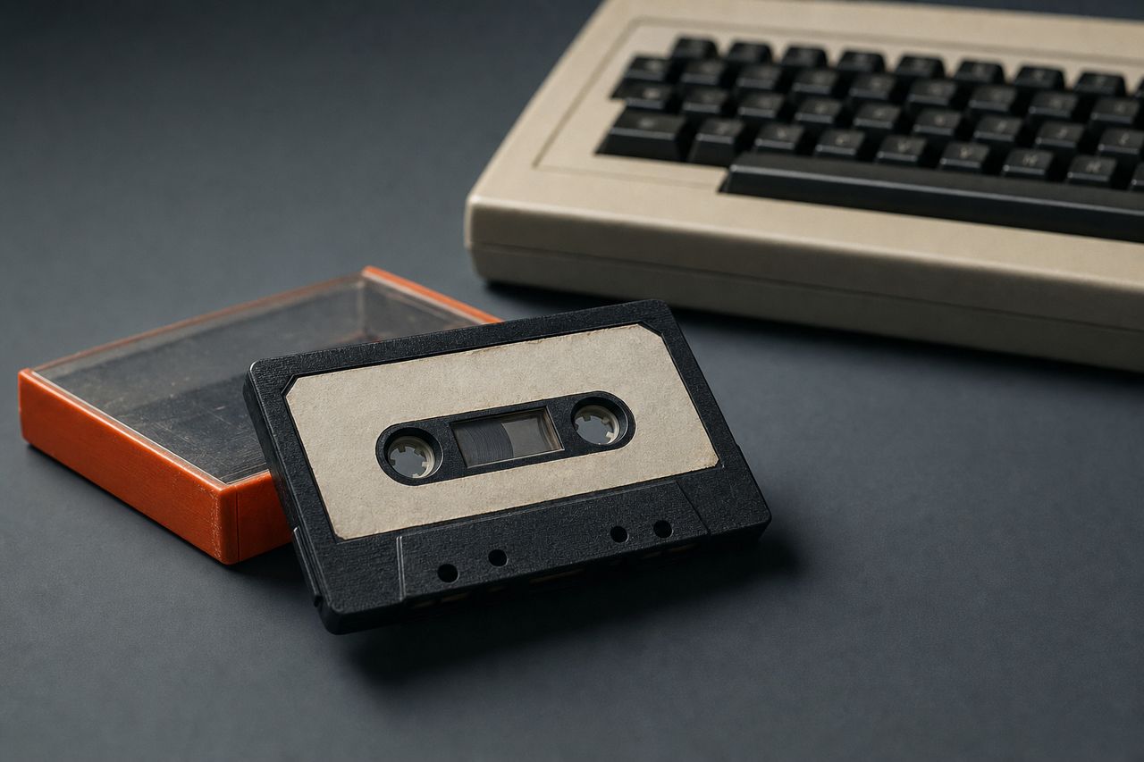 A worn audio cassette with a blank paper label lying beside an orange case, with the corner of an unbranded beige home-computer keyboard behind it.