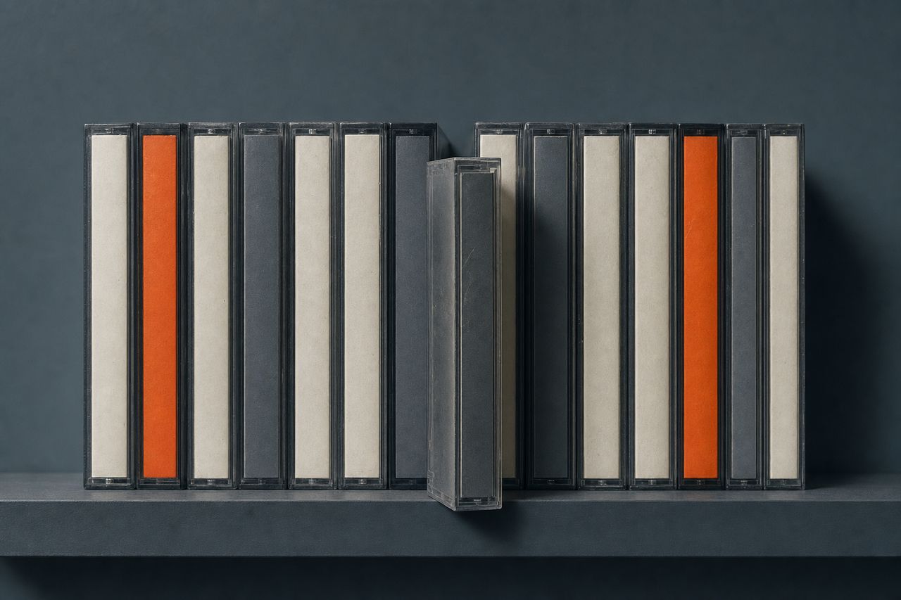 A row of cassette cases standing upright on a shelf with blank spines, two of them orange, one pulled slightly forward out of the row.