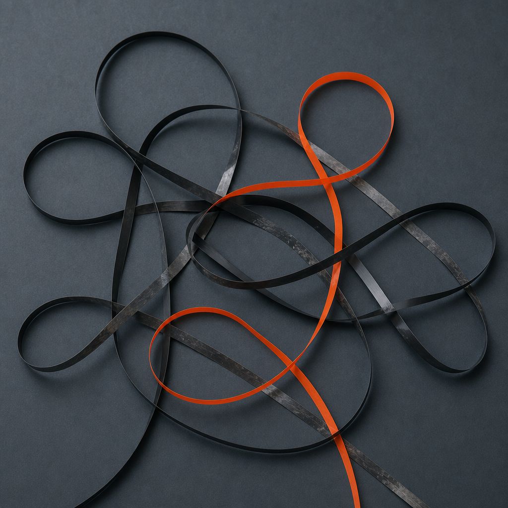 Six short lengths of magnetic tape laid out on a cold slate surface, curving and overlapping so they cross at several points, one length dyed orange.