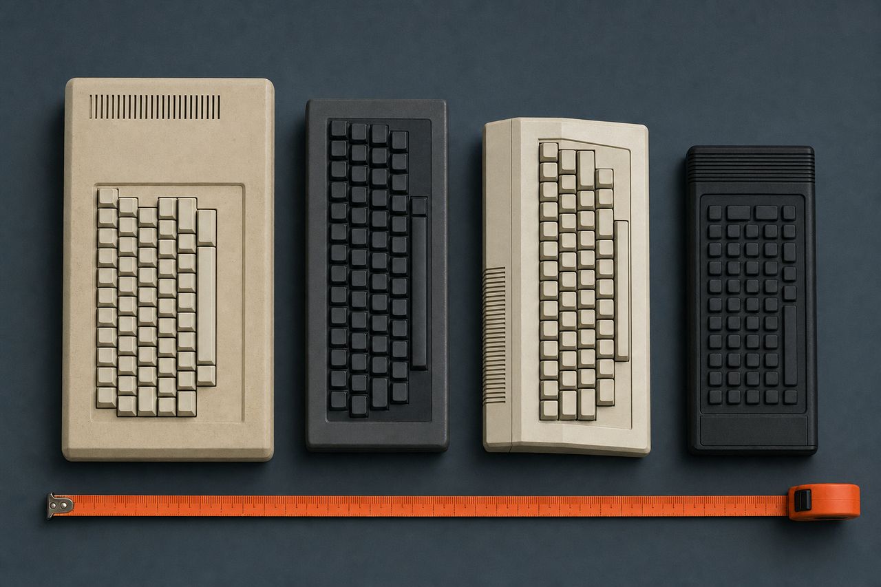 Four unbranded early-1980s home-computer keyboards laid side by side from overhead, each a different size and key shape, with an orange measuring tape across the frame.