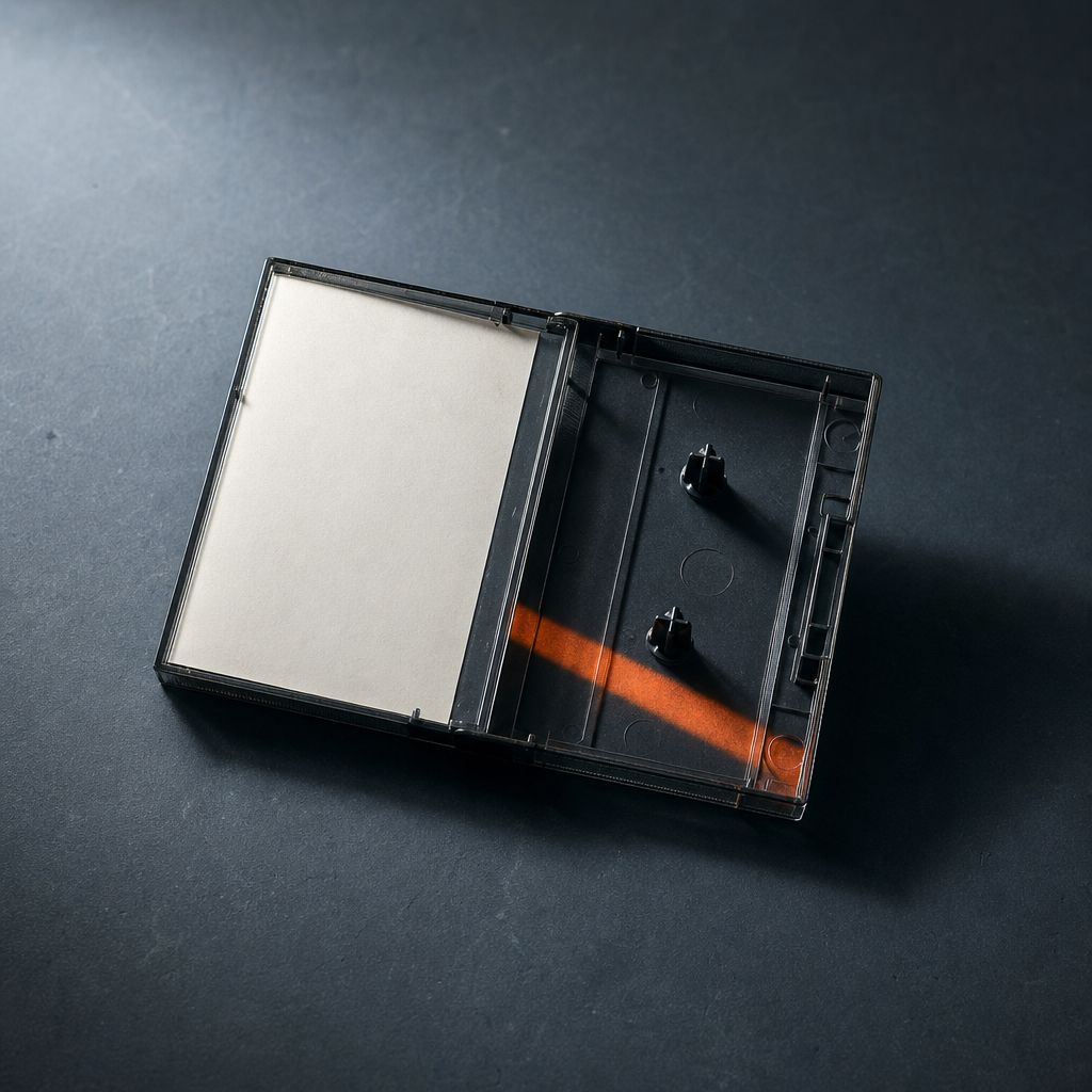 A single empty cassette case lying open like a book on a cold slate surface with no cassette inside, a blank paper inlay still in place and an orange shadow line falling across the empty well.