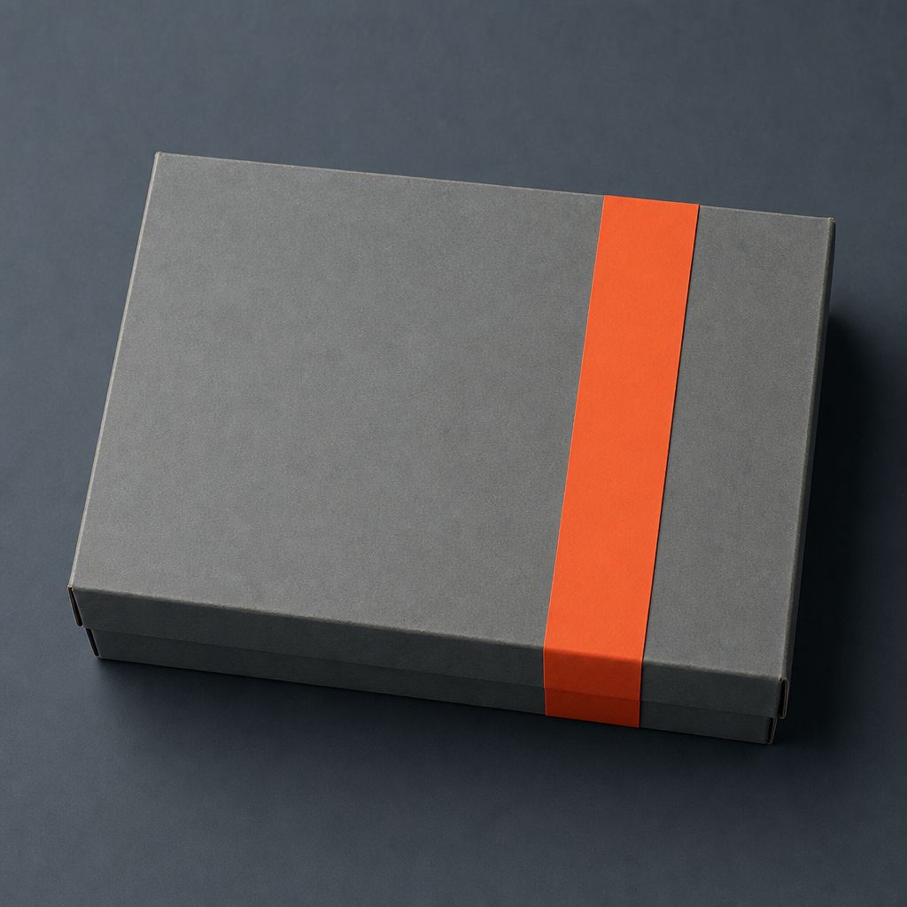 A plain closed cardboard document box on a cold slate surface with an orange band around it, lid firmly on, nothing else in frame.