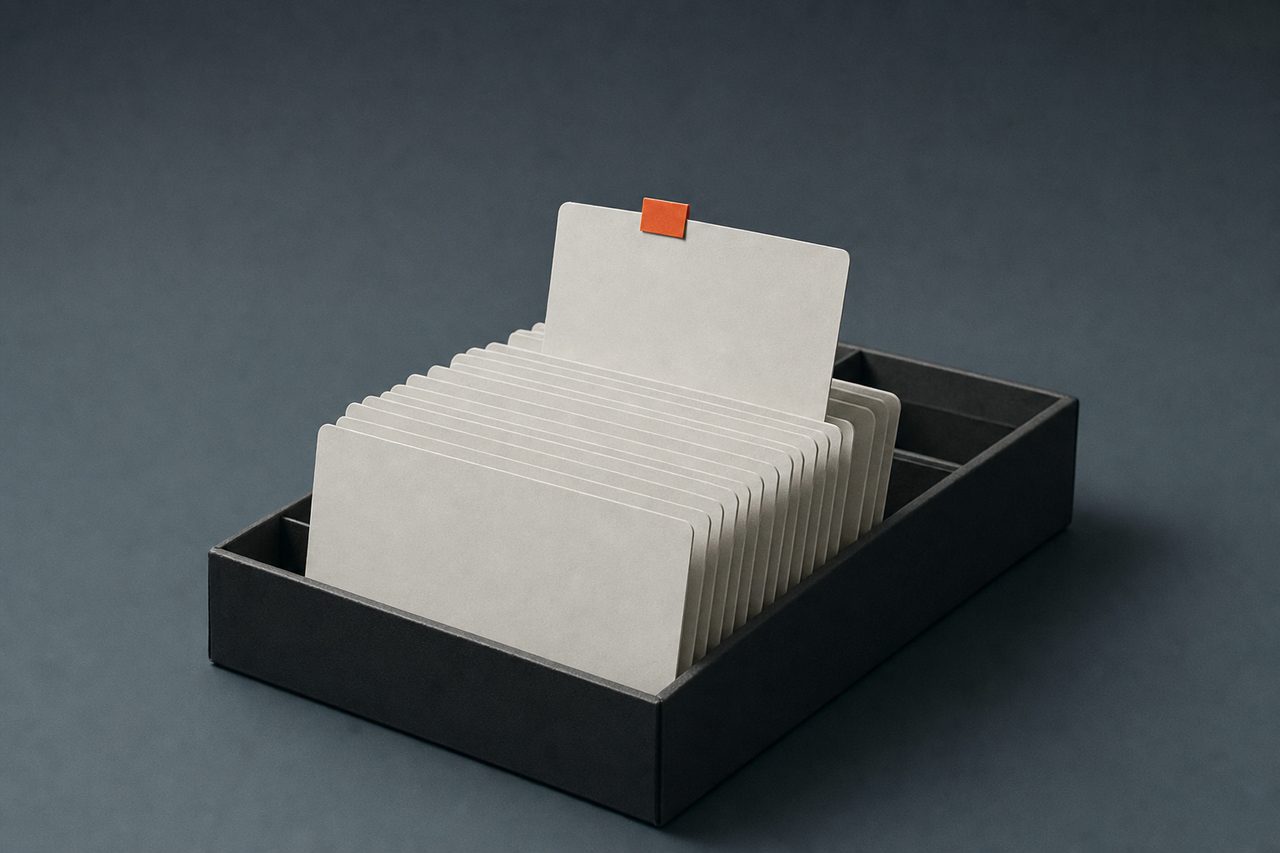 A shallow black card-index tray on a cold slate surface, holding a row of blank off-white filing cards standing upright, one card raised well above the rest with a small orange tab on its top edge, and an empty compartment beside them.