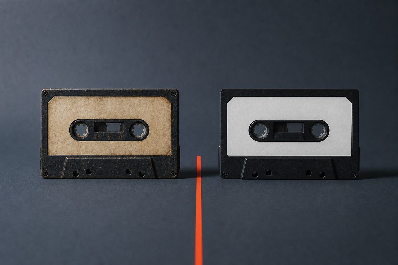 Two cassettes standing upright side by side, one yellowed and worn, one clean and new, both labels blank, separated by a thin orange line on a slate surface.