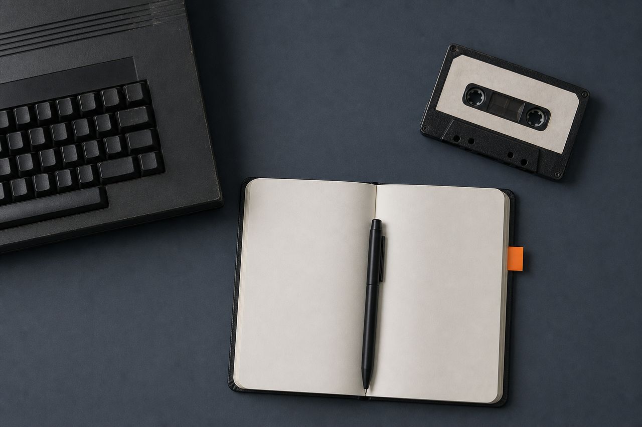 An open notebook with blank unruled pages on a cold slate surface, a plain pen in the gutter, a cassette with a blank label at the corner of the page and an orange tab marking a page edge.