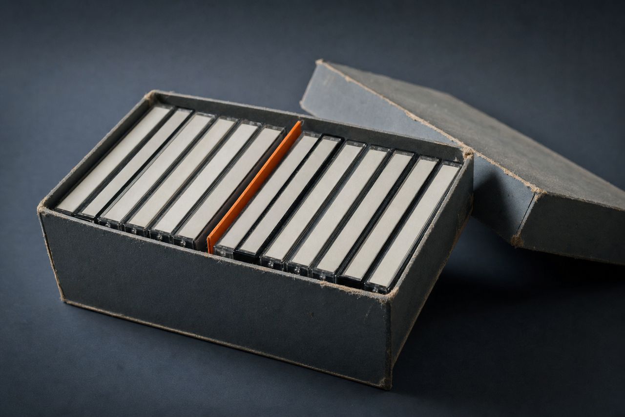 A shallow cardboard storage box packed with upright cassettes with blank labels, its lid leaning behind it and an orange divider card between two groups.