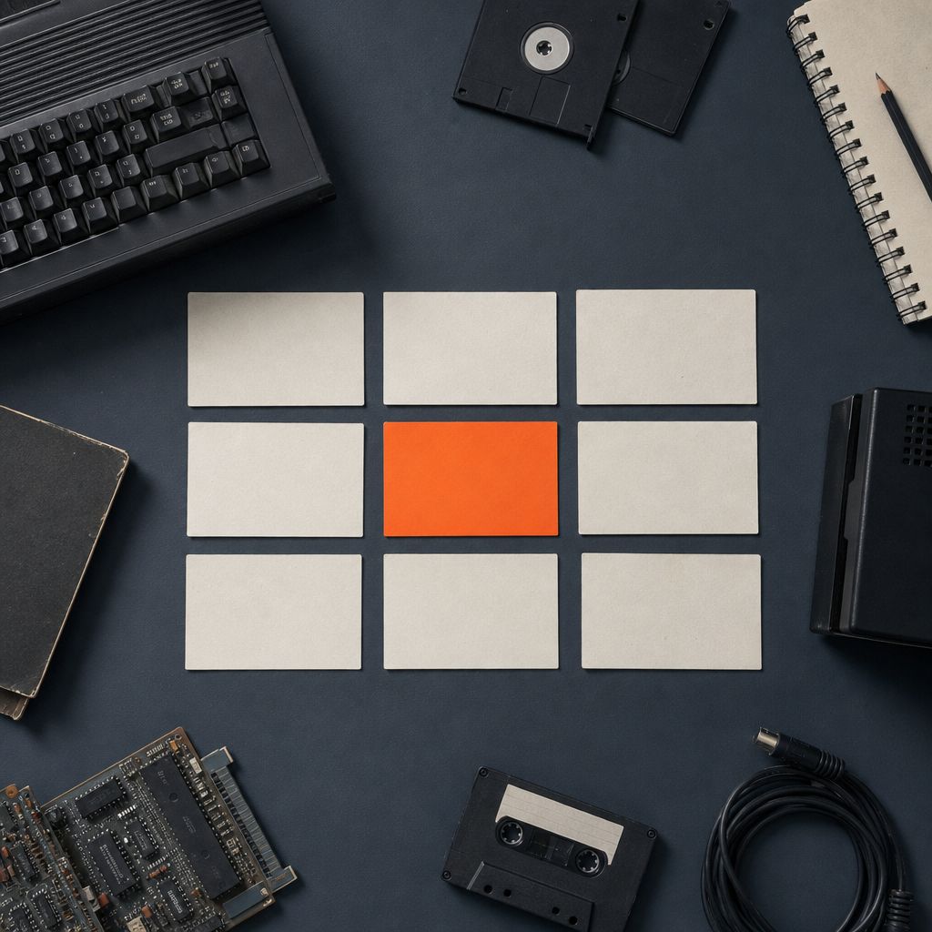 Nine blank unlabelled index cards laid out in a three by three grid on a cold slate surface, slightly irregularly spaced, one of them orange.