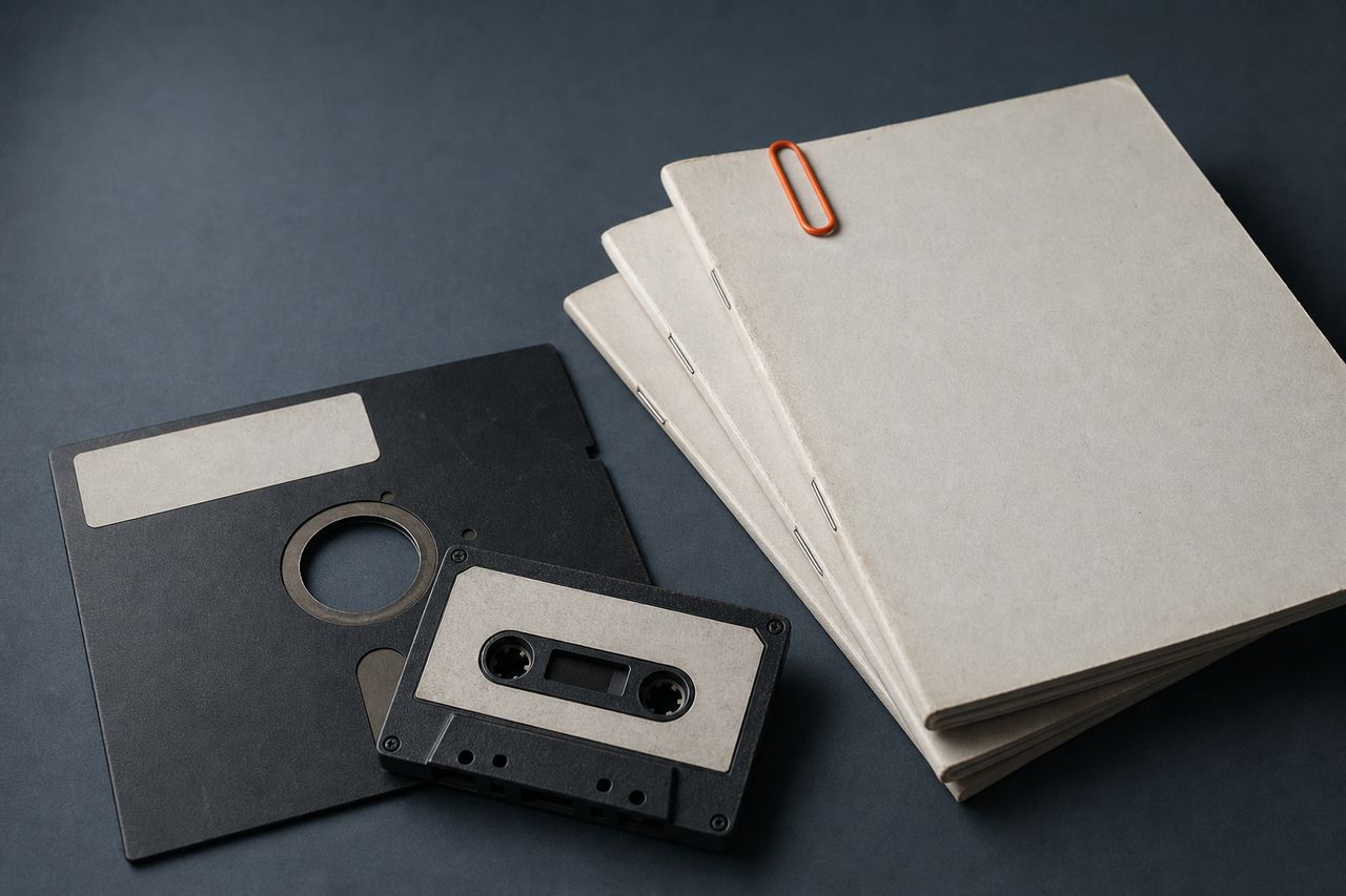 A five-and-a-quarter-inch floppy disk and a cassette overlapping on a cold slate surface with blank labels, beside three thin stapled booklets with plain covers and an orange paperclip.