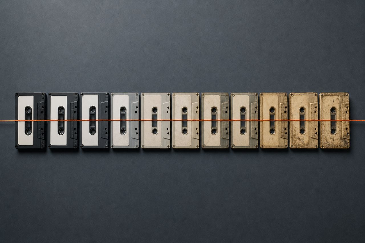 Eleven cassettes laid end to end in a single row receding across the frame, each slightly more worn and yellowed than the last, with a taut orange thread running the length of the row.